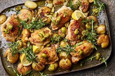 Roast chicken thighs with green olives & smashed potatoes