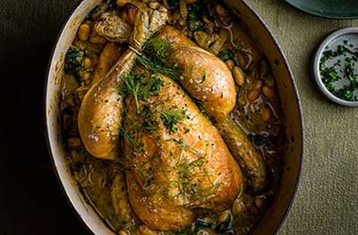 Roast chicken with fennel, shallot & white bean stew