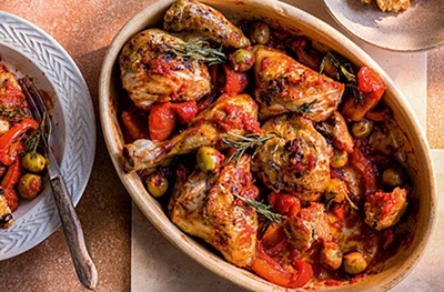 Roast chicken with peppers, olives & crunchy ciabatta 