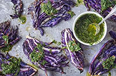 Roast red cabbage wedges with chimichurri dressing