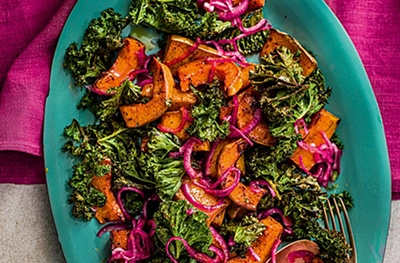 Roast squash & kale with pickled onion