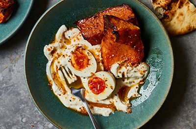 Roast squash with eggs, garlic yogurt & dukkah