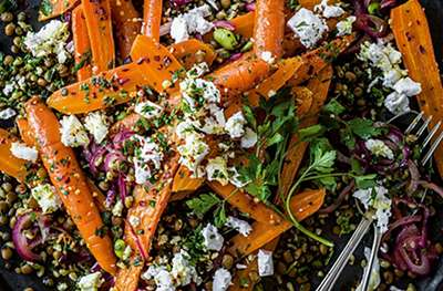 Roast carrots with lentils & wheatberries