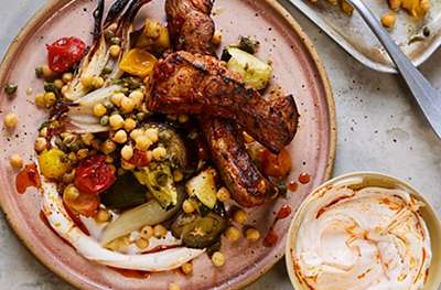 Roasted courgette, aubergine, tomatoes & chickpeas with harissa glazed lamb