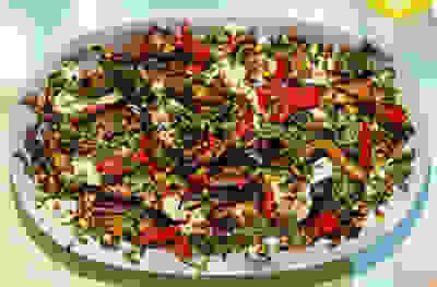 Roasted red pepper, aubergine & freekeh salad
