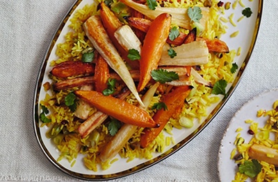 Roasted root vegetables with jewelled rice