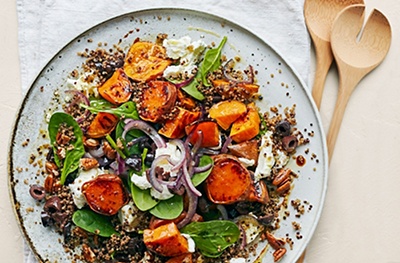 Roasted sweet potato and goats' cheese salad