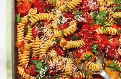 Roasted tomato and anchovy pasta