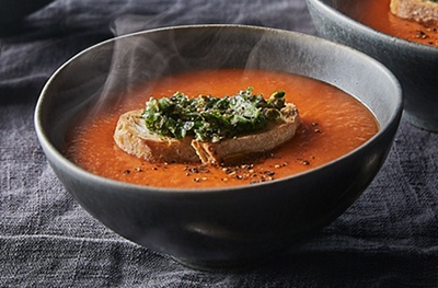 Romesco soup with caper toasts