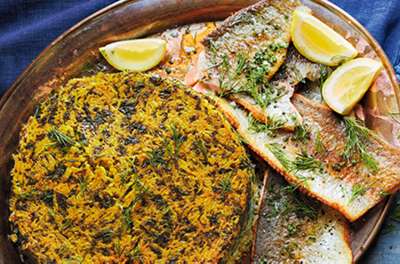Sabzi polo (fragrant herbed rice) with trout