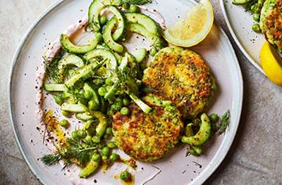 Salmon & pea fish cakes with pea, dill and cucumber salad