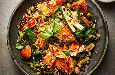 Salmon, rice, quinoa & vegetable stir fry