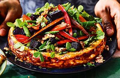 Savoury cheesecake with balsamic glazed vegetables