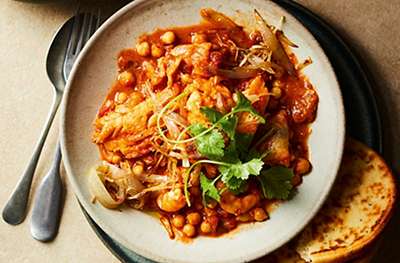 Seafood, tomato & chickpea curry