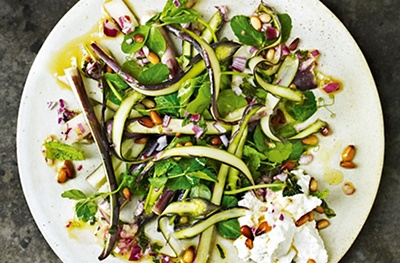 Shaved asparagus, ricotta and pine nuts