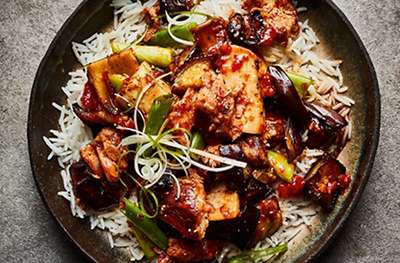 Slow-cooked miso maple pork with aubergines & chilli mushrooms