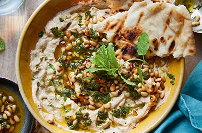 Smoky courgette dip with pine nut, chilli and mint salsa