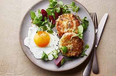 Smoky mackerel fish cakes, fried eggs & pickled beets