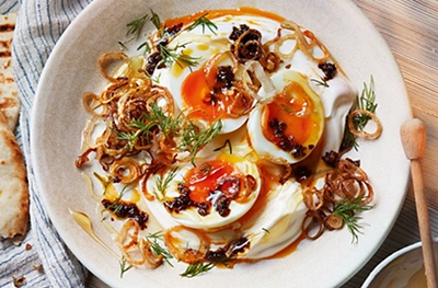 Soft-boiled eggs with chilli oil & honey yogurt