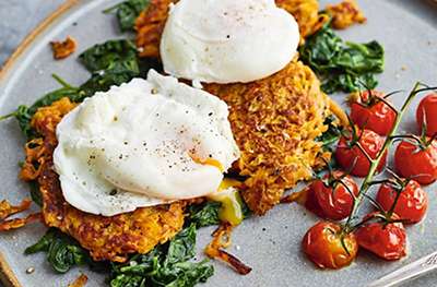 Soft-poached eggs with sweet potato hash browns
