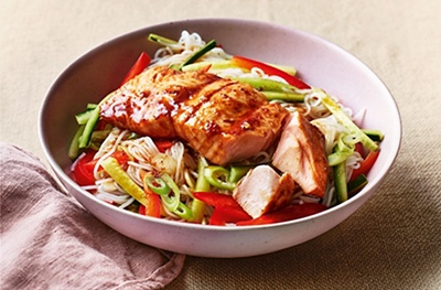 Soy & ginger salmon with rice noodles