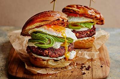 Spiced bean burgers with fried eggs 