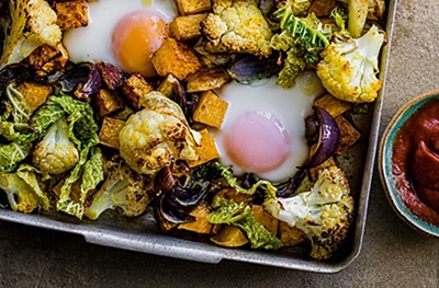 Spiced cauliflower & egg bake with sweet mustard ketchup