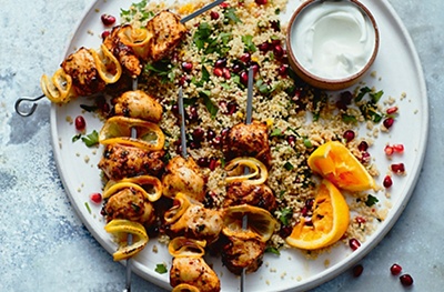 Spiced chicken skewers with couscous