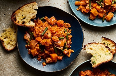 Spiced lentil casserole with shallots & root vegetables