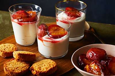 Spiced plum & coconut pots with coconut cookies 