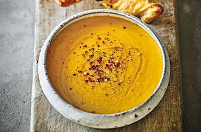 Spiced sweet potato & lentil soup with chutney cheese twists
