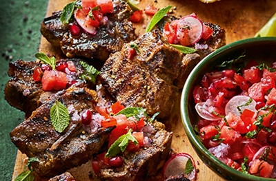 Spicy barbecued lamb with minty tomato & watermelon relish