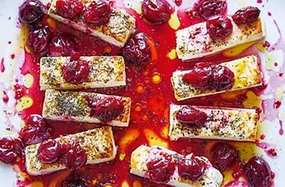 Spicy cherry chutney with grilled feta