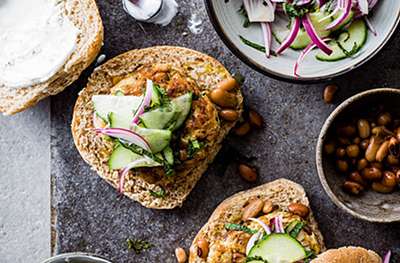 Spicy turkey & bean burgers with minted cucumber salsa