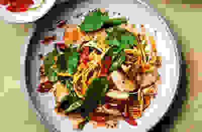 Spinach & sugar snap noodle salad with ginger soy chicken