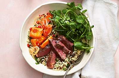 Steak, papaya & wild rice salad