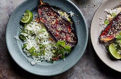 Sticky chilli & garlic aubergines with coriander and lime rice