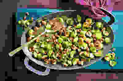 Stir-fried sprouts with chestnuts and pancetta