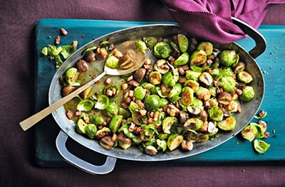 Stir-fried sprouts with chestnuts and pancetta