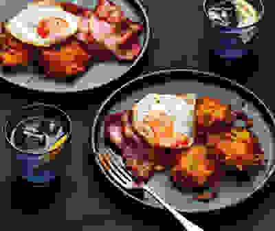 Swede fritters with fried eggs & bacon