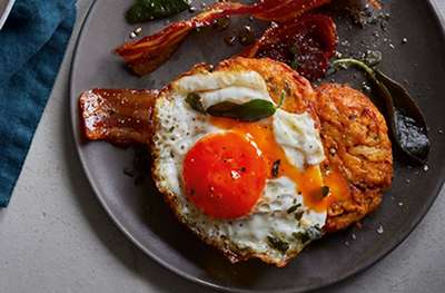 Sweet potato fritters with sage, bacon & fried egg