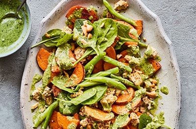 Sweet potato, spinach & green bean salad with cashew dressing