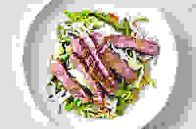 Teriyaki beef with shredded lettuce & noodles