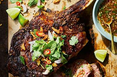 Thai-style ‘crying tiger’ tomahawk steak with dipping sauce