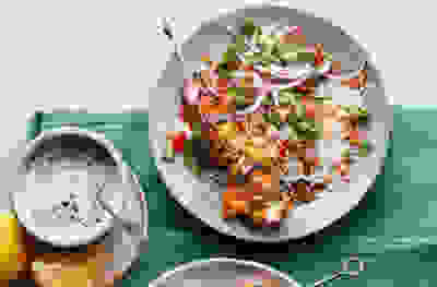 Tikka chicken skewers with tomato salad, rice & yogurt 