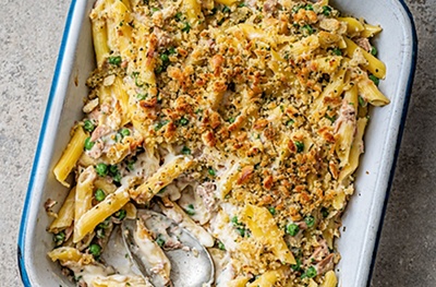 Tuna penne with herby crumbs