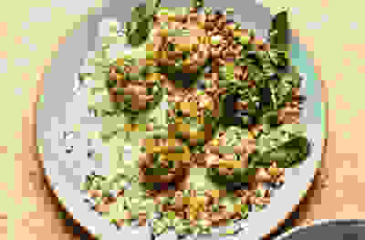 Turkey feta meatballs with courgette yogurt & lemony grains