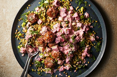 Vegan meatballs with wheatberries & beetroot apple salad