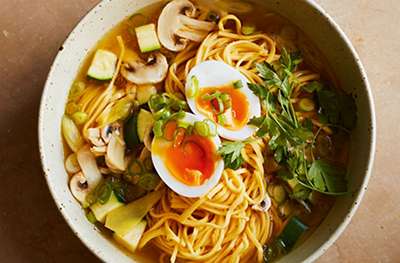 Veggie noodle soup with eggs