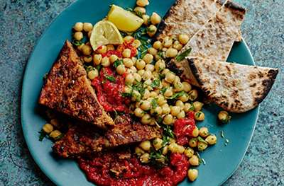 Venison meatloaf with harissa tomato sauce & chickpea salad